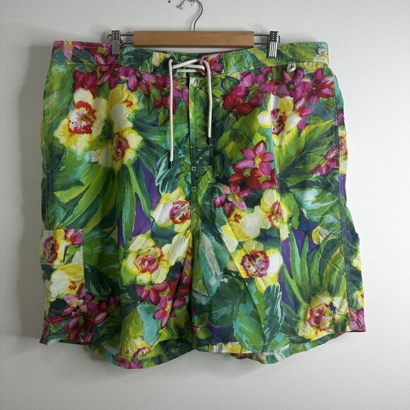 Polo Ralph Lauren Swim Trunks Mens 3XLT Green Floral Hawaiian Board Shorts Beach - Picture 1 of 11